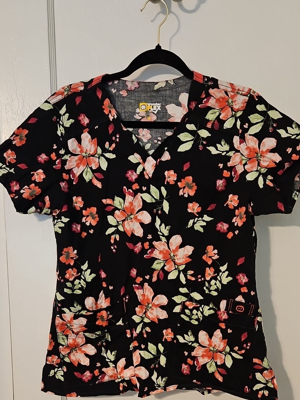 WonderWink Black Floral V-Neck Scrub Top with Coral and Lime Accents